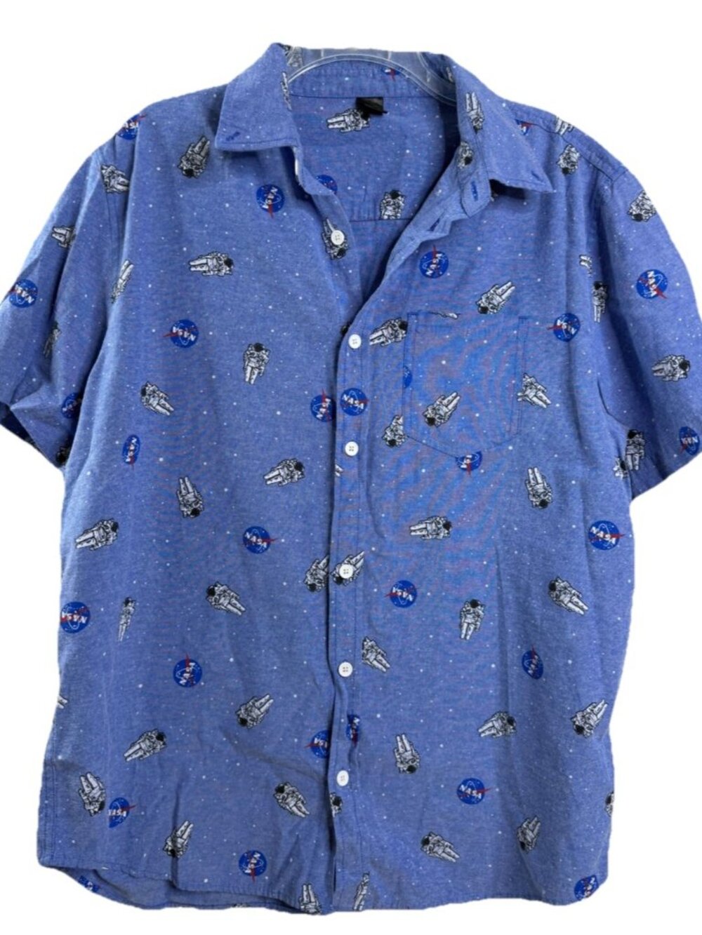 NASA Shirt Large Blue Astronaut Print Short Sleeve Button Down Space Logo Top